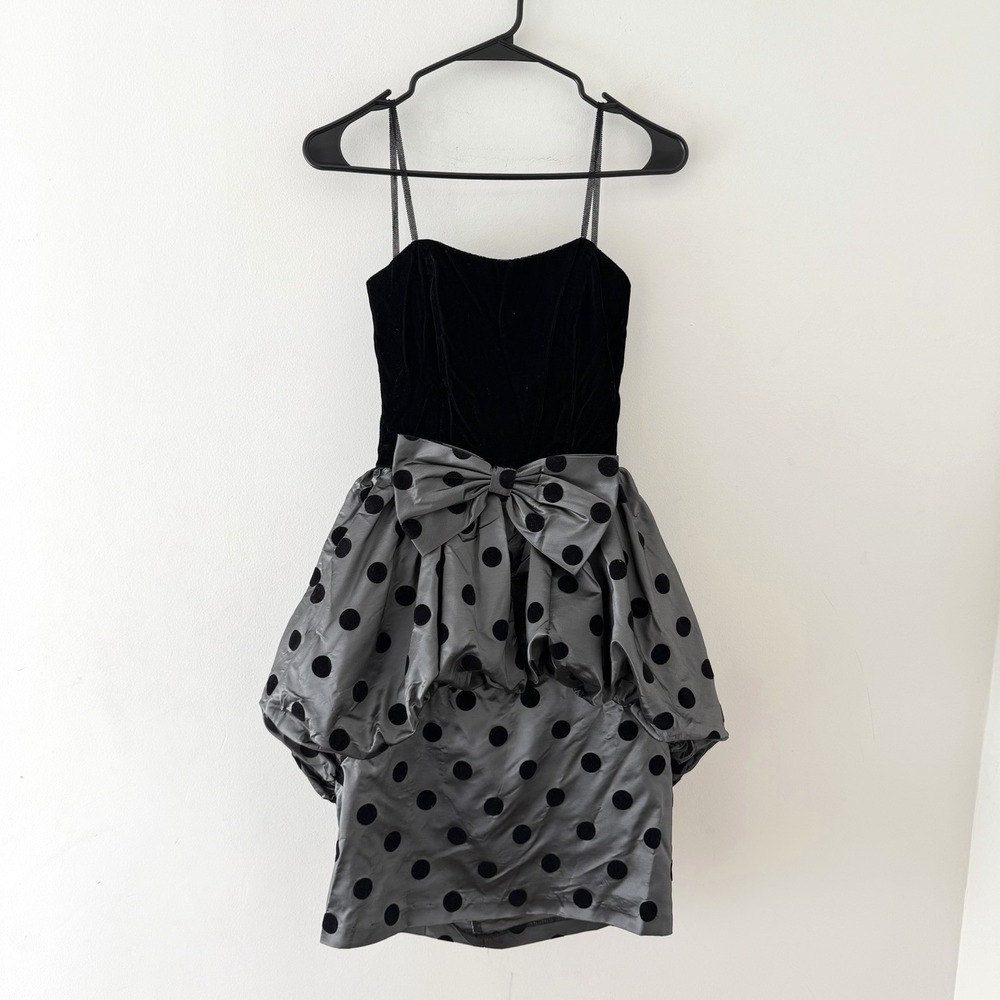 Vintage Party Dress Bubble Hem Mini Black Velvet Gray Polka Dot Bow Cocktail XS